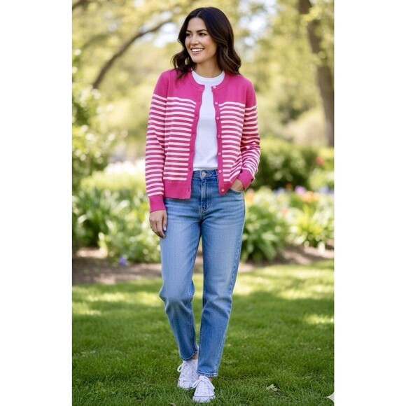 Women’s Pink Striped Lightweight Cardigan Feminine Coastal Parisian Chic Sz XS - Picture 2 of 8